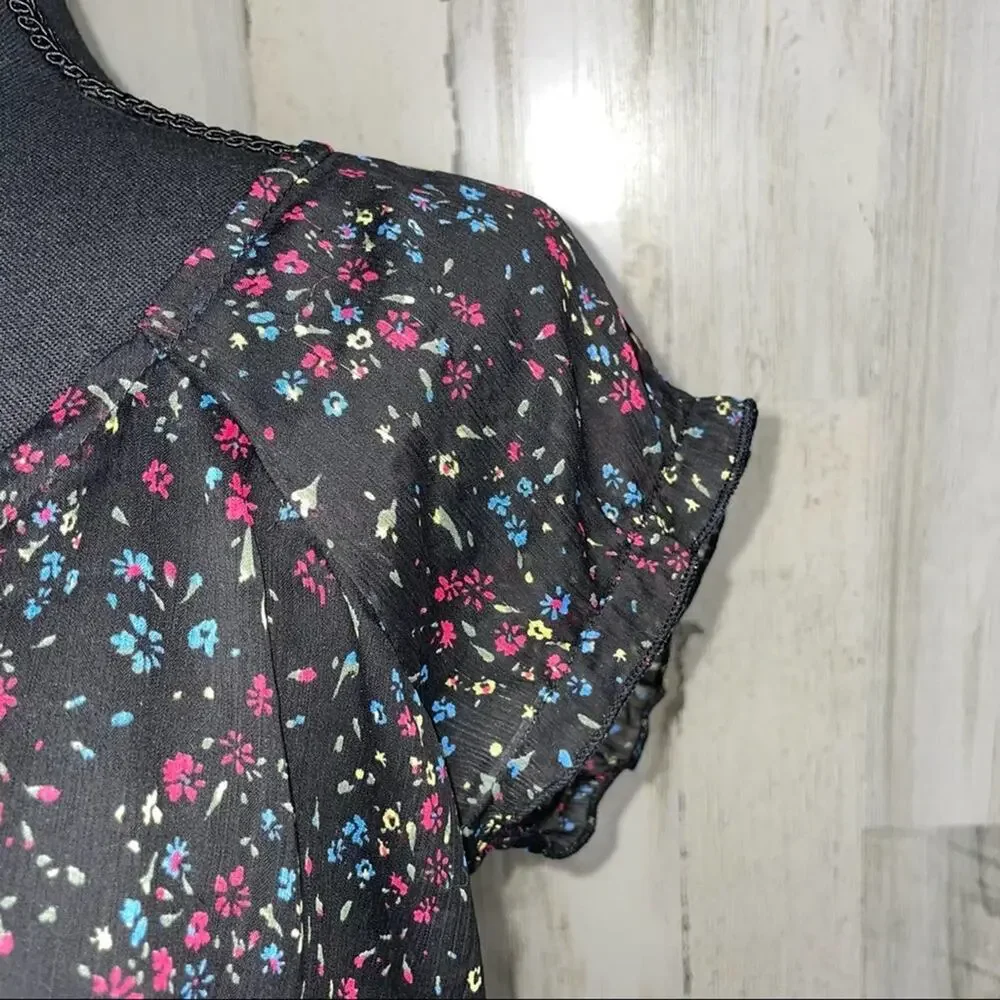 Decree Floral Top Drop Drawstring Waist Short Sleeved Blouse Pleated Women’s L - Picture 4 of 6